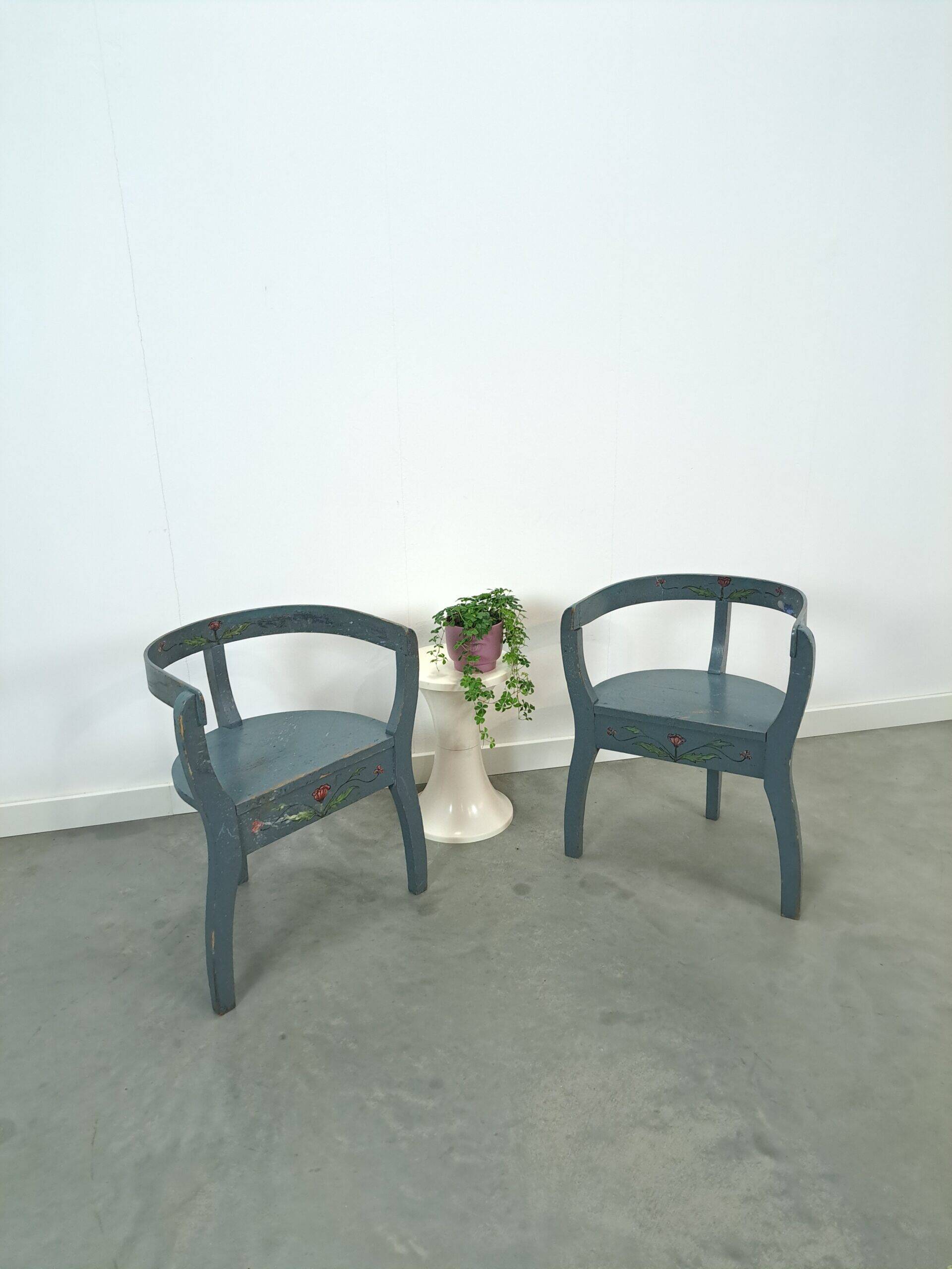 Old wooden blue set of chairs with flowers from Sweden