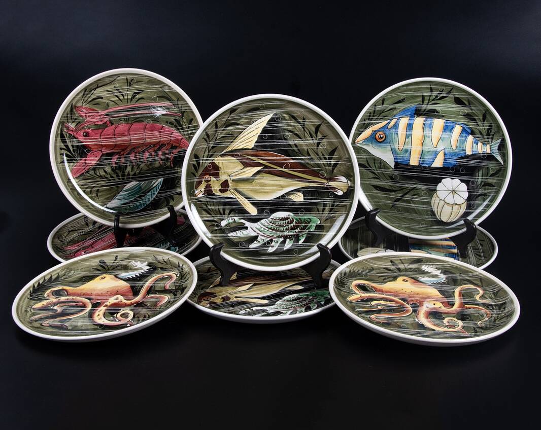 Fish and shellfish plates ceramic Italy vintage 1970 x8