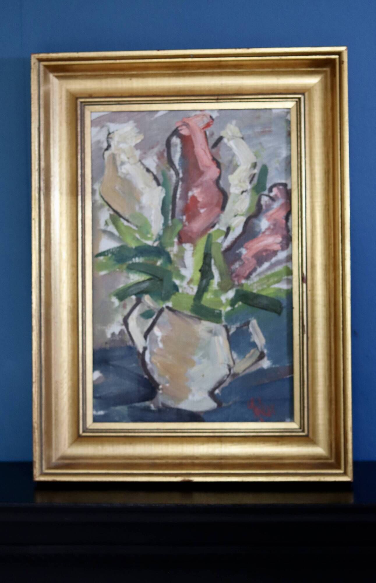 Original Mid-Century Oil on Canvas " Vase" by unidentified Artist- Vintage & Framed