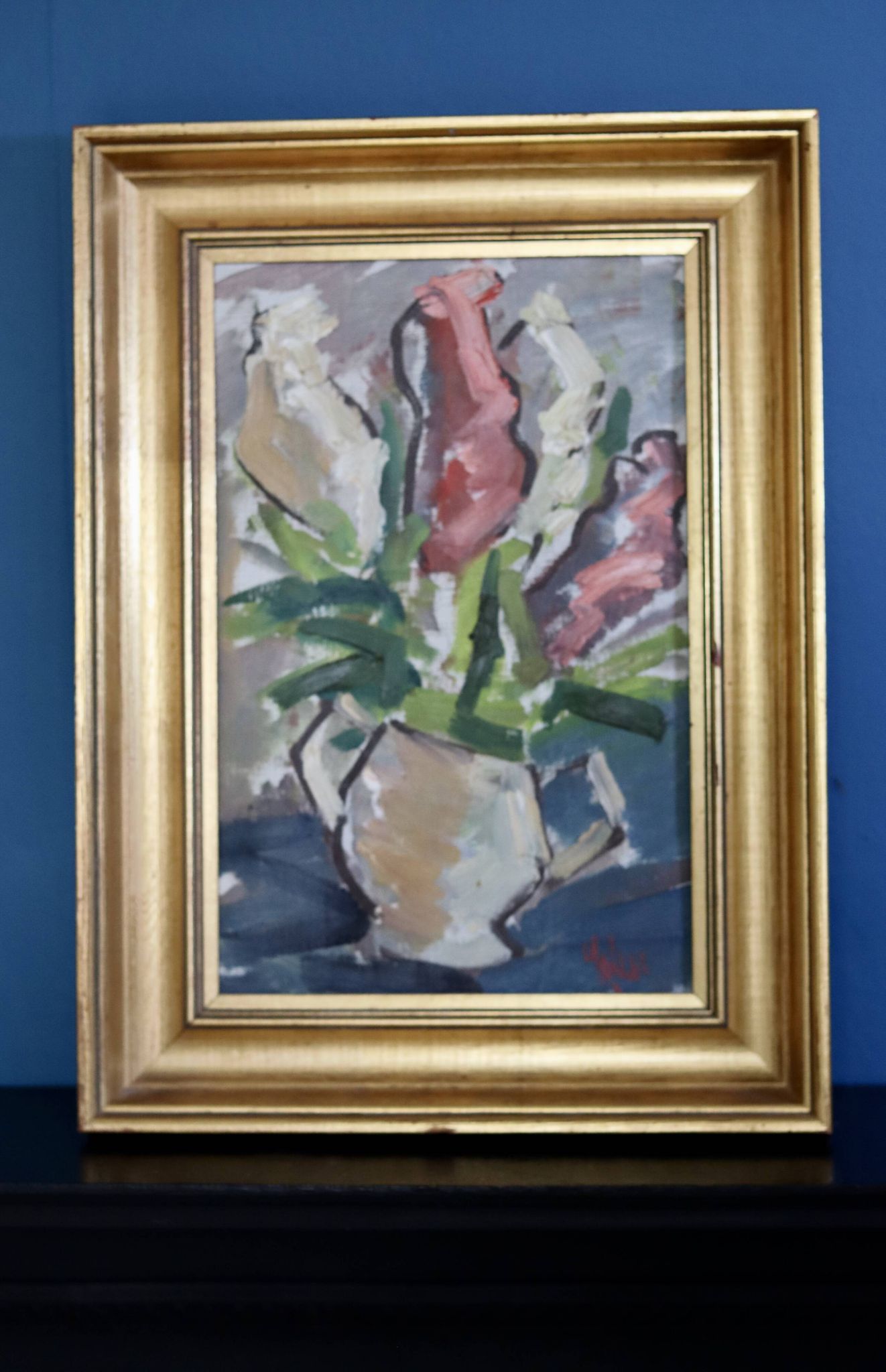 Original Mid-Century Oil on Canvas " Vase" by unidentified Artist- Vintage & Framed