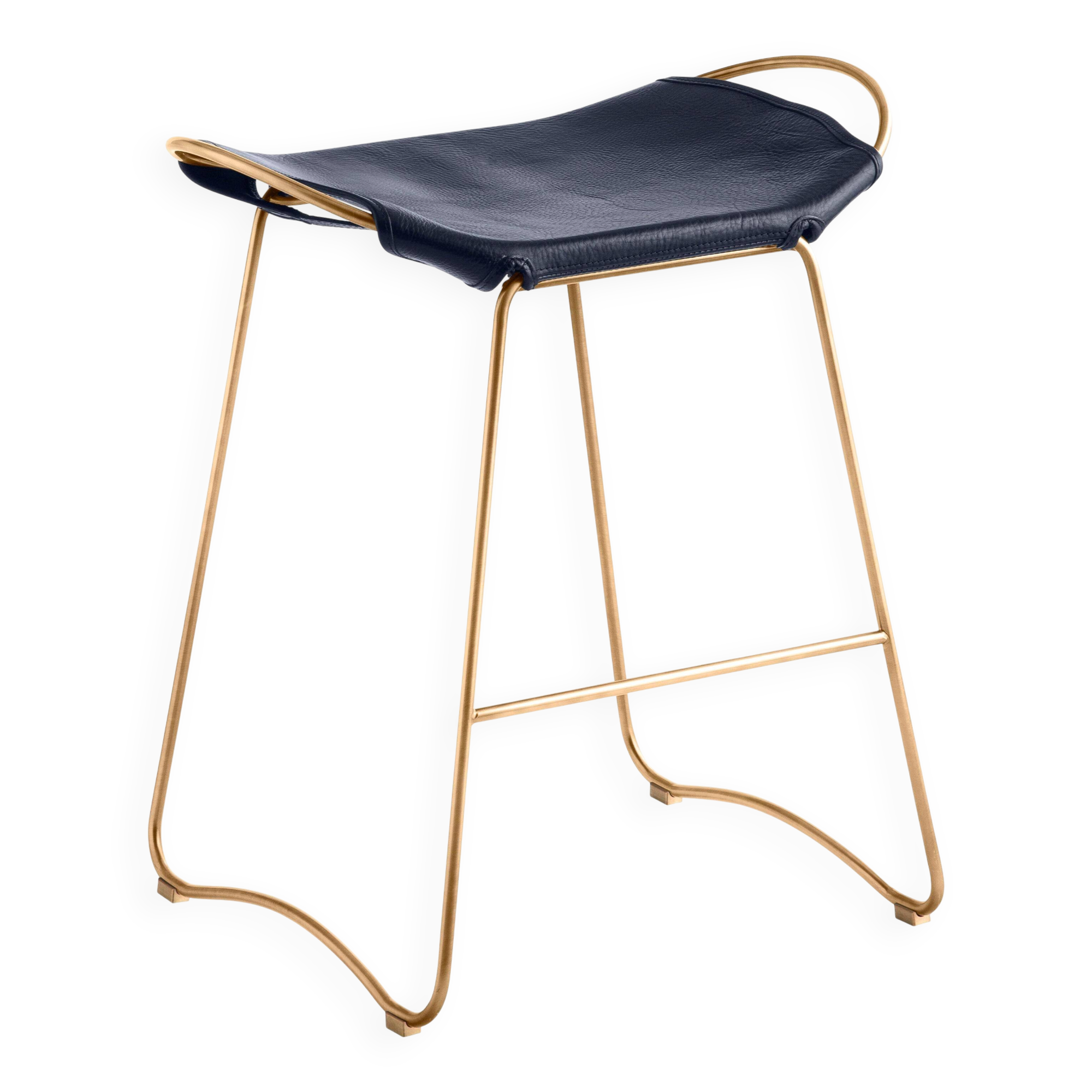 Sculptural contemporary organic bar stool in aged brass metal and navy blue leather