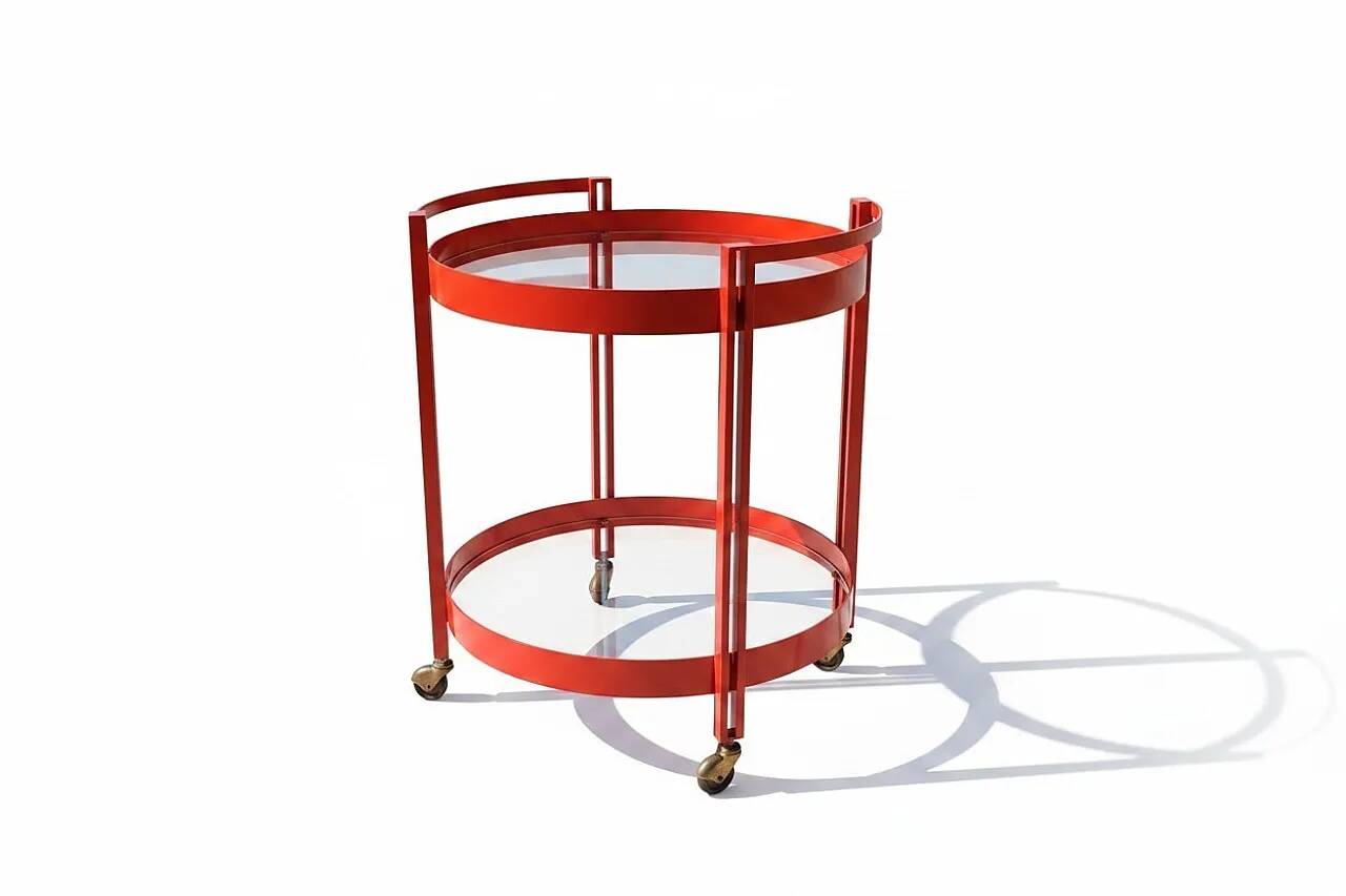 1970s bar trolley, red metal and double glass shelf.