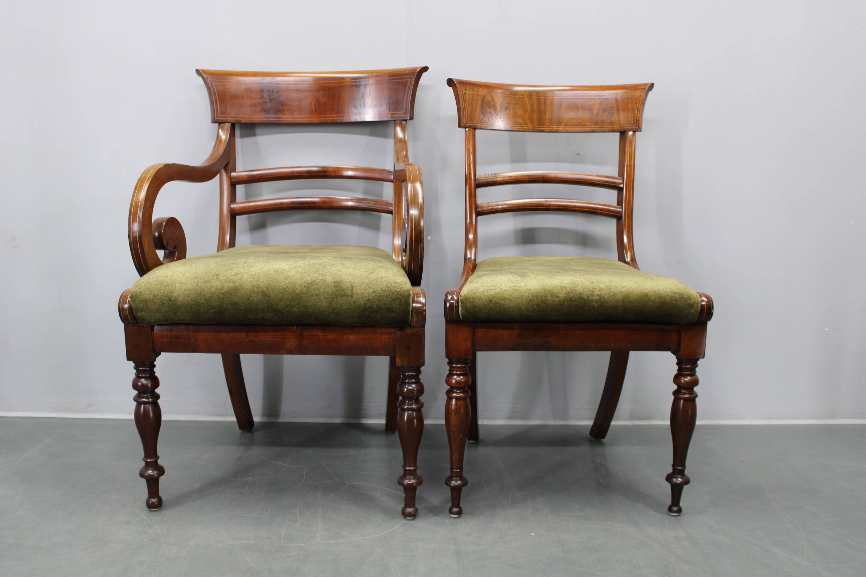 French Art Deco walnut dining chair set with armchairs, France 1930s