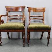 French Art Deco walnut dining chair set with armchairs, France 1930s
