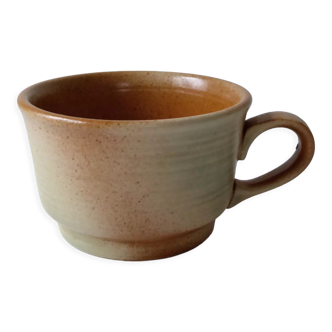 Tasse grès village beige et bleu vert signée