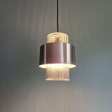 Scandinavian pendant light in grooved transparent glass and brushed aluminum, 1960