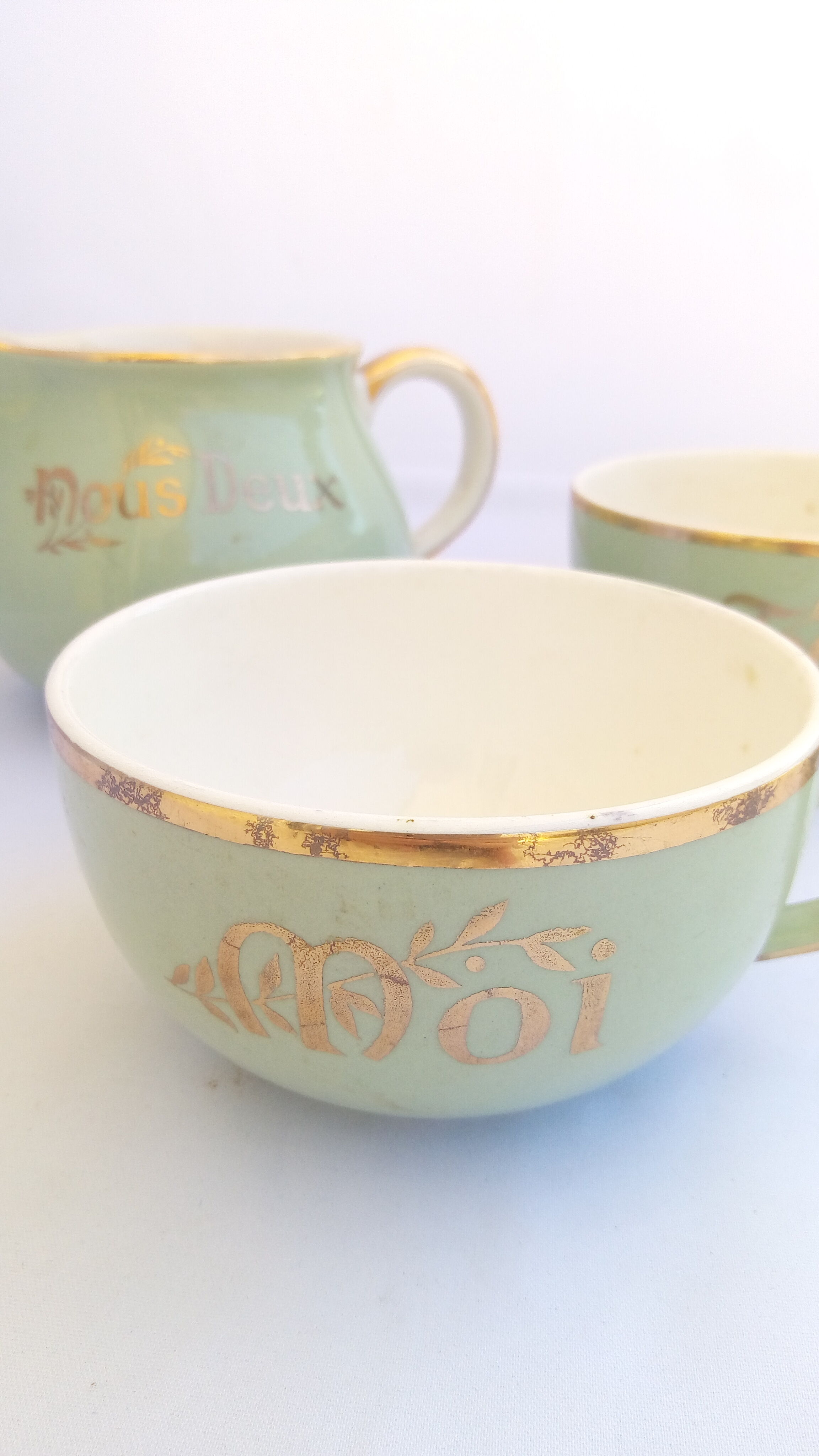 Villeroy cups and pitchers and boch 'We Two' pastel green and gold