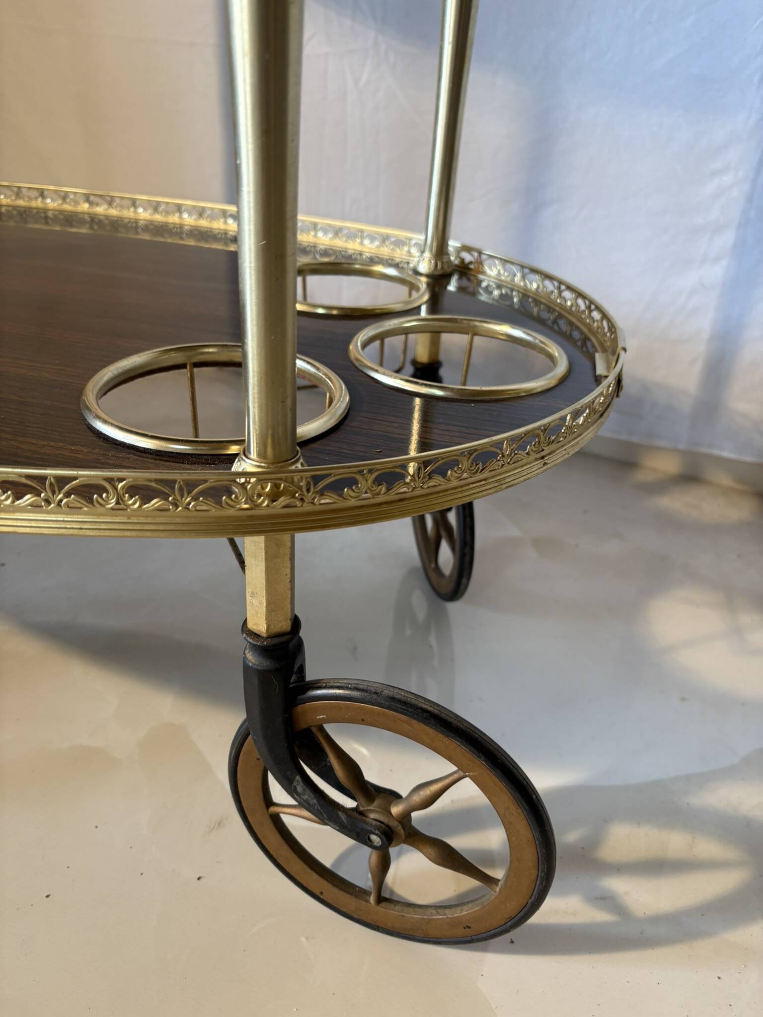 Vintage brass and dark wood serving trolley – 1960s