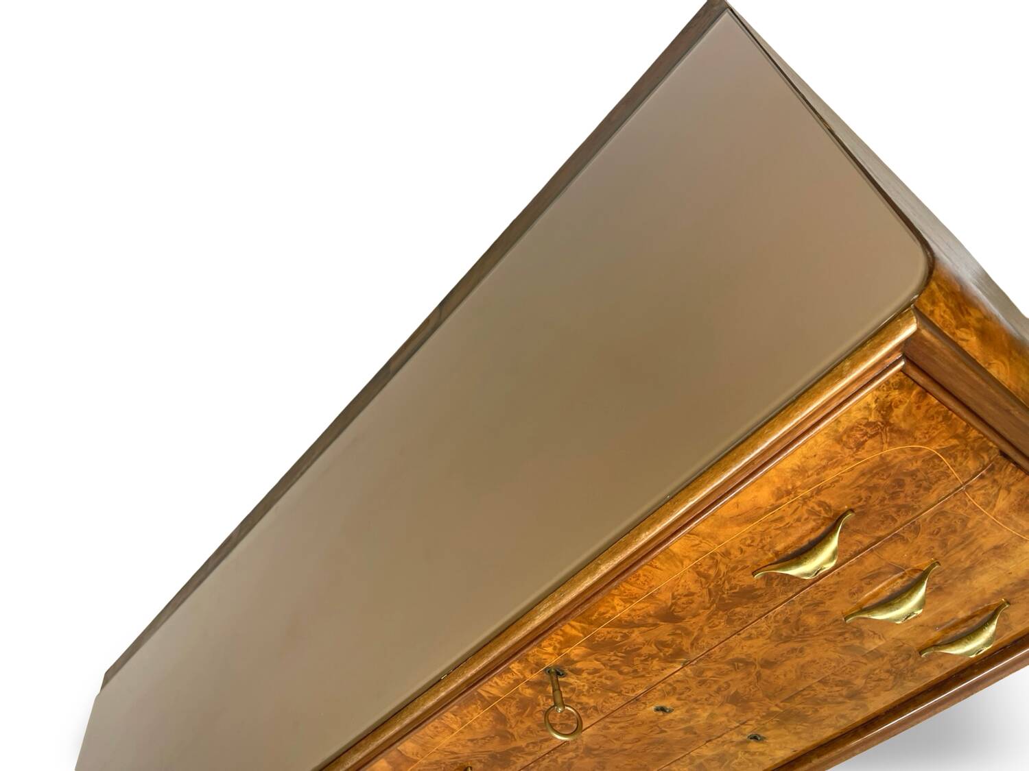 Veneered burl walnut chest of drawers with light warm brown glass top