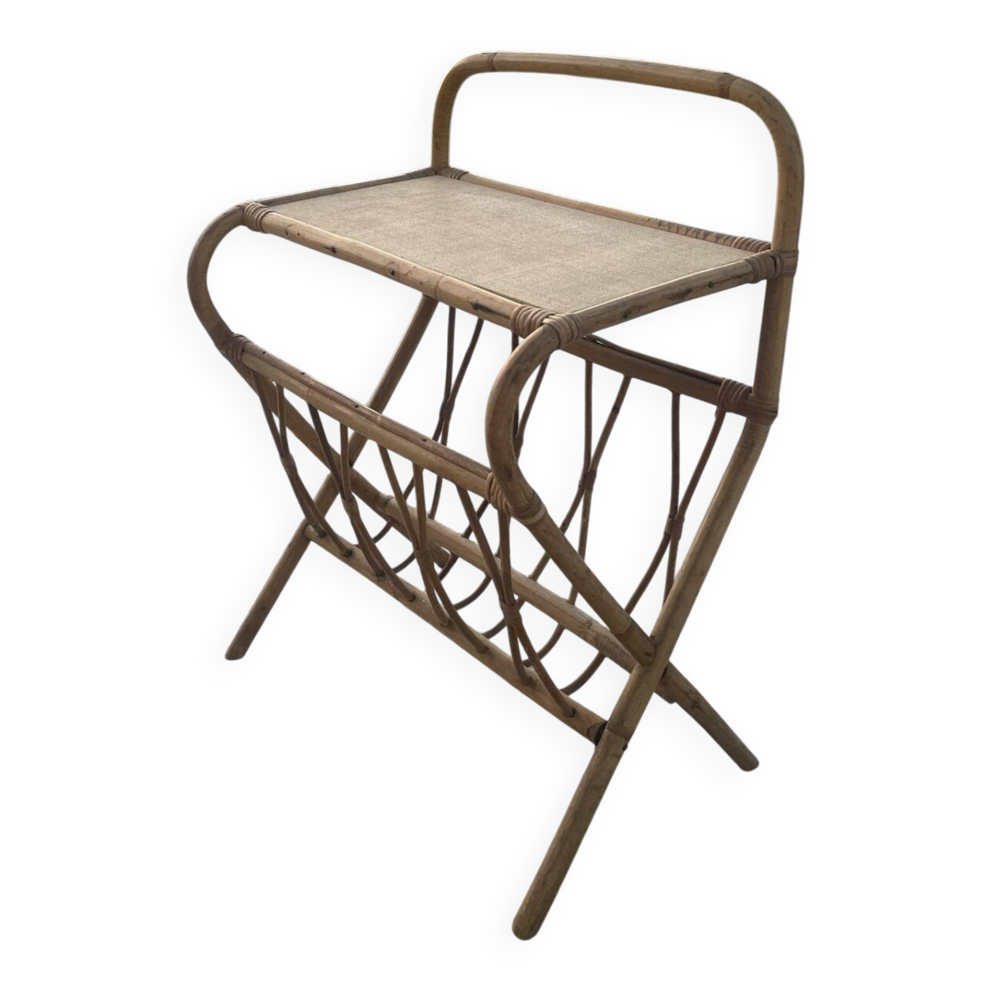 Vintage rattan side table with magazine rack