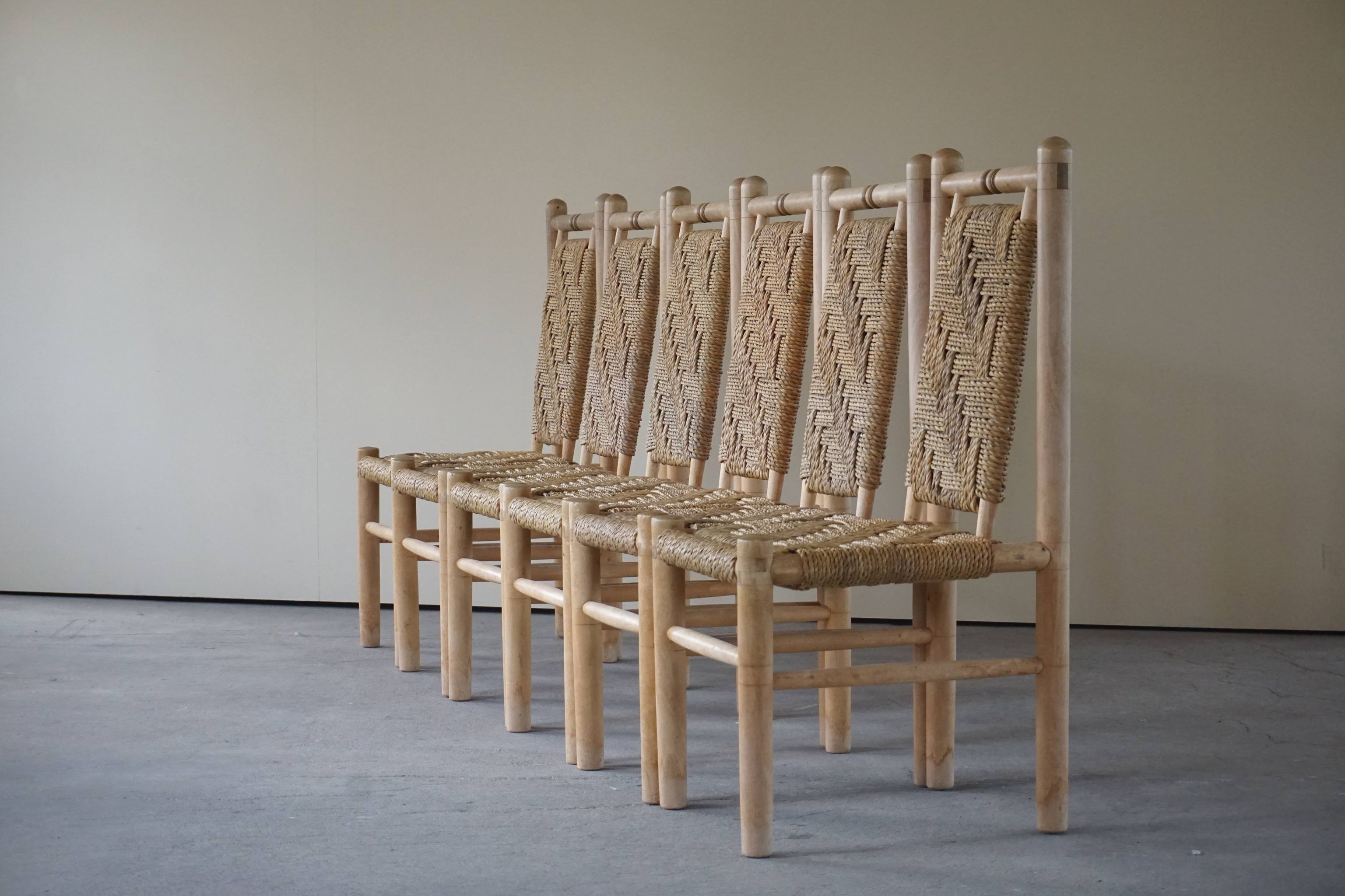 Set of 6 French Mid Century Naturalist Woven Highback Chairs in Solid Elm, 1960s