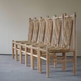 Set of 6 French Mid Century Naturalist Woven Highback Chairs in Solid Elm, 1960s