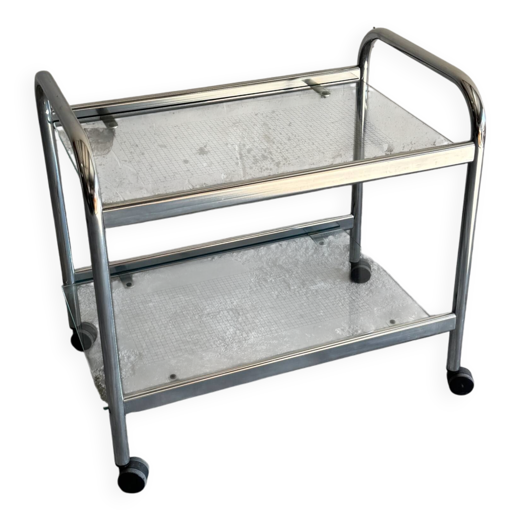 Vintage silver chrome-plated steel and glass two-tier serving trolley with wheels