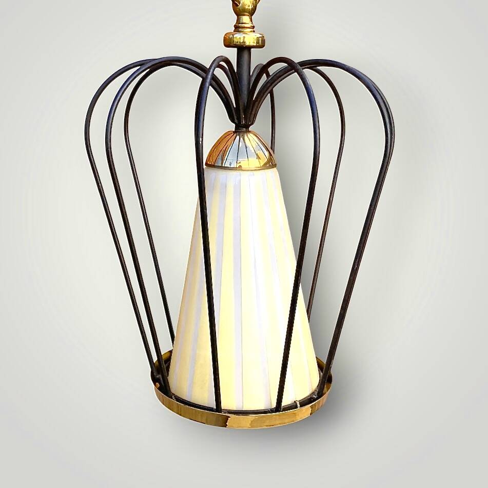 Massive vintage pendant light – brass, black metal and striped glass – 1950s