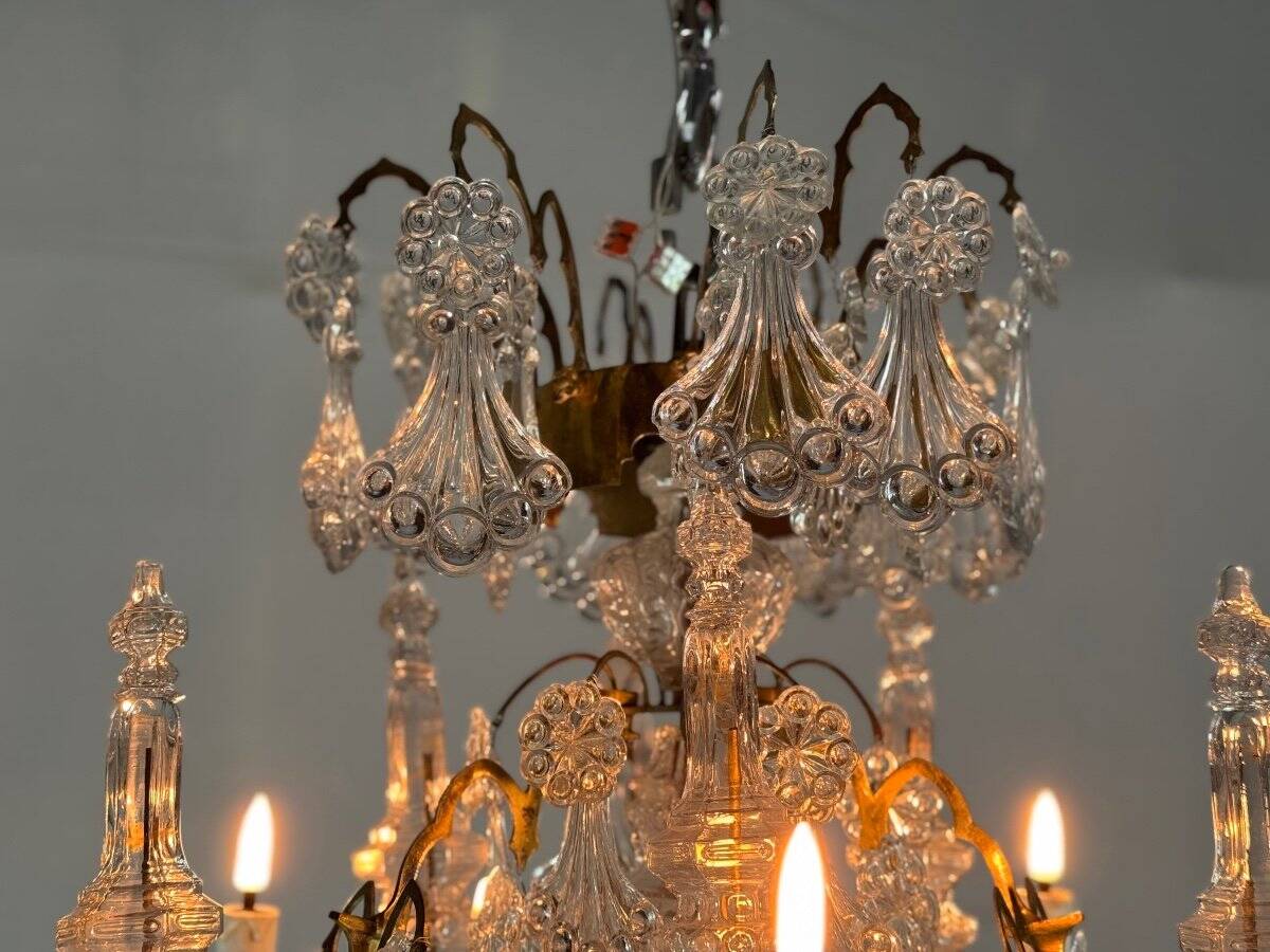 Cage chandelier, molded glass and bronze pendants, circa 1800