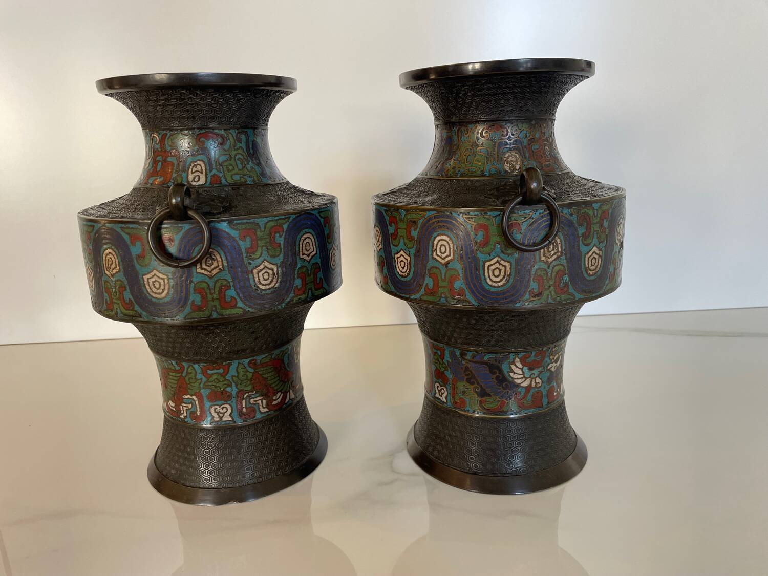 Pair of antique cloisonné bronze vases, China or Japan circa 1900-1930.