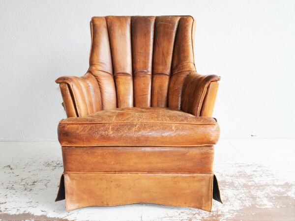 Fauteuil en cuir de mouton vintage, grande chaise fumeur en cuir de mouton marron, Grand fauteuil en cuir