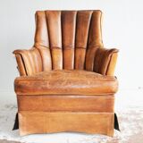 Vintage sheap leather armchair,  large smoker chair in brown sheapleather, Big leather fauteuil
