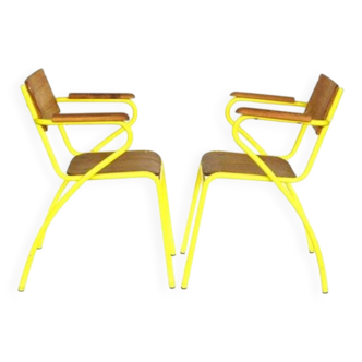1940 Set of Industrial Design Plywood Yellow Armchairs