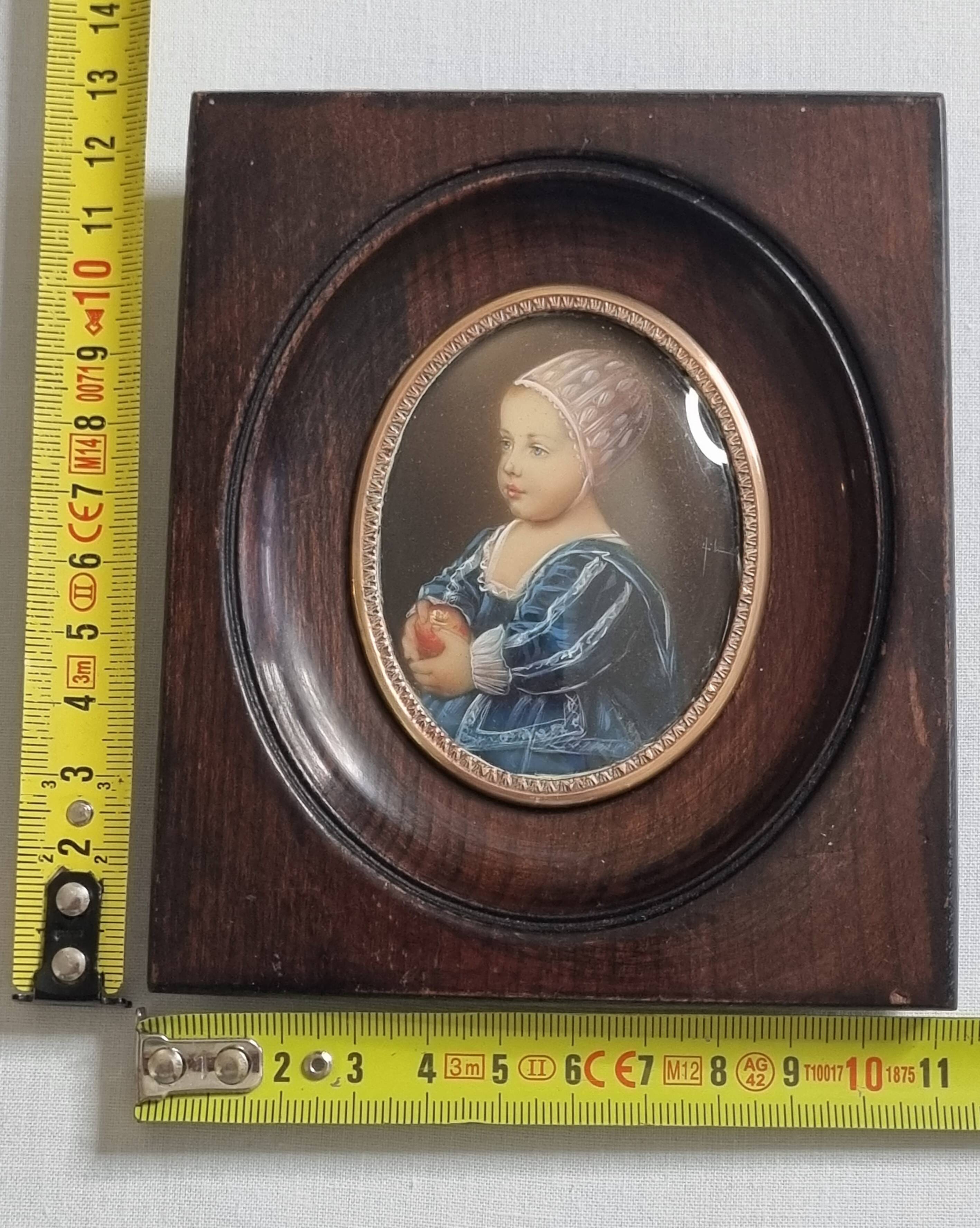 Painted miniature "Baby Stuart" after Van Dyck, wooden frame, signed, 11x13 cm.