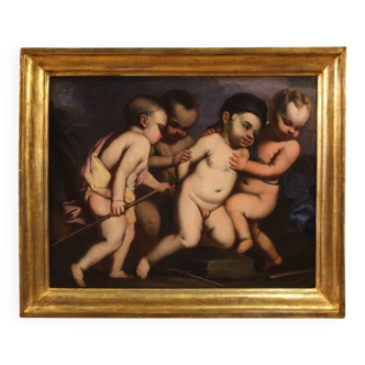 Italian antique painting cherub games from the 17th century