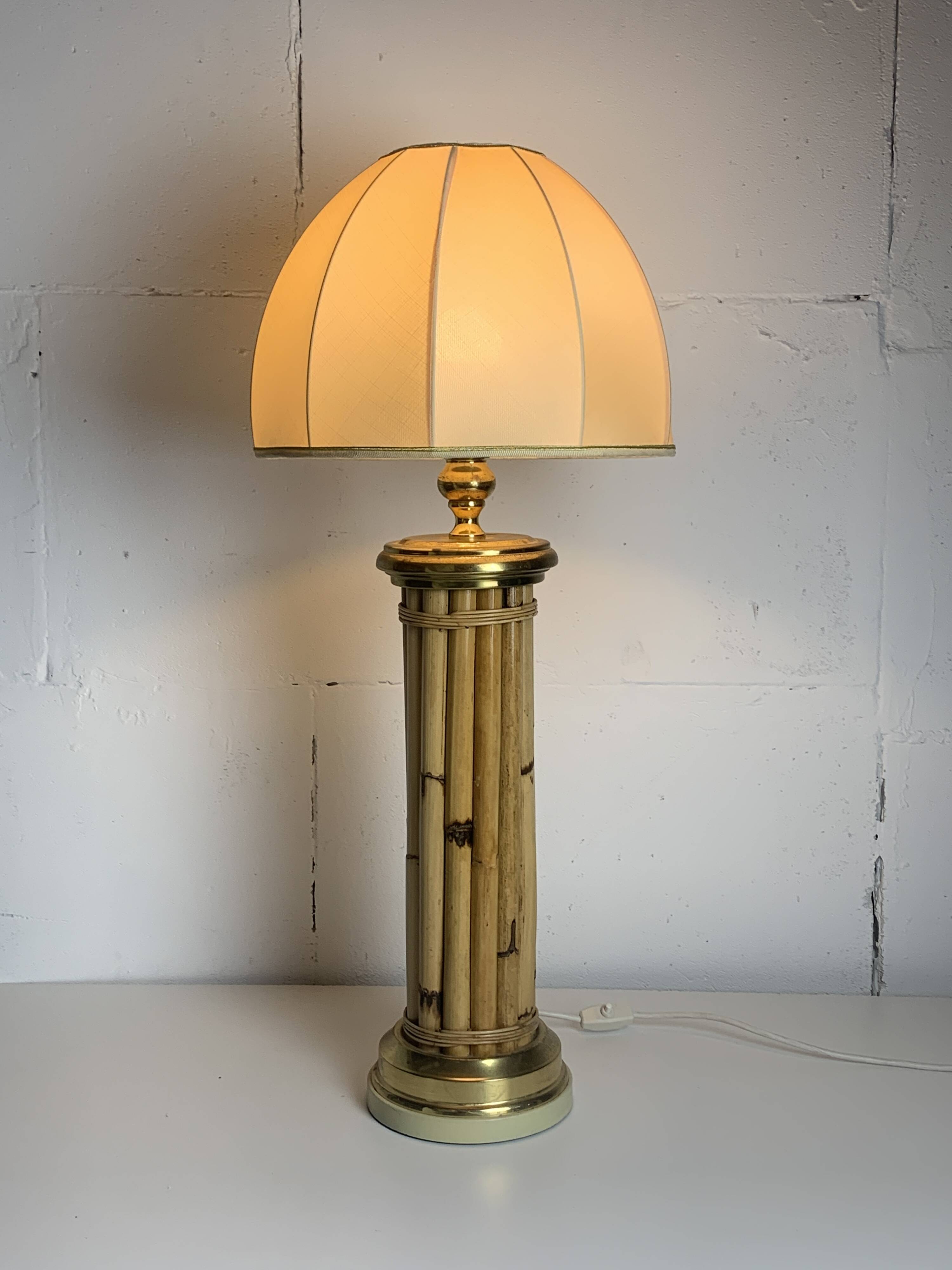 Midcentury bamboo and brass large mushroom table lamp by Leola, 1960s