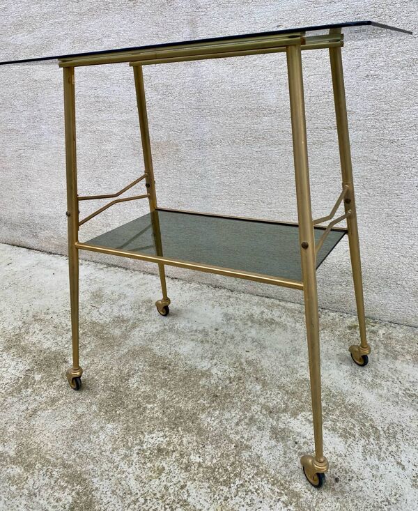Desserte, console, table roulante vintage 1970 verre et dorée