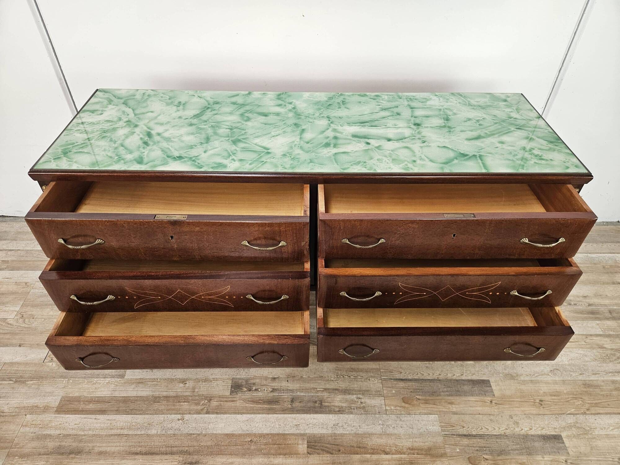 Vintage six-drawer oak chest of drawers with glass top, 1960