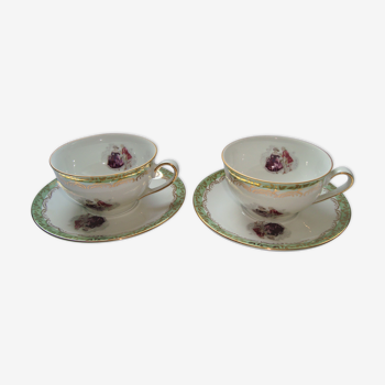 Tea cups or coffee porcelain décor romantic couple pink purple