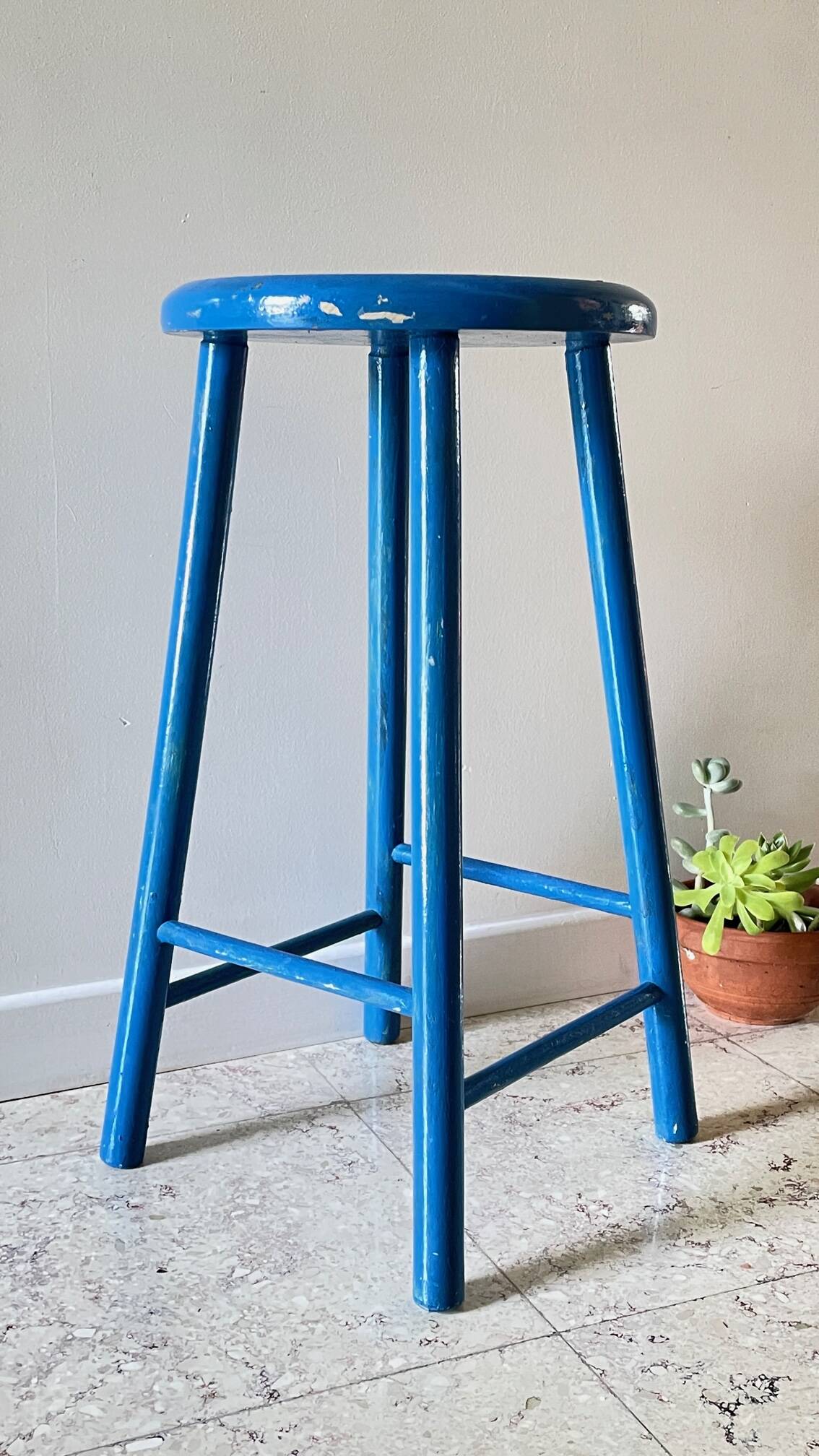 TABOURET Vintage Bois BLEU Electrique