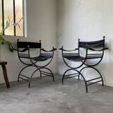 Pair of leather “curule” emperor armchairs