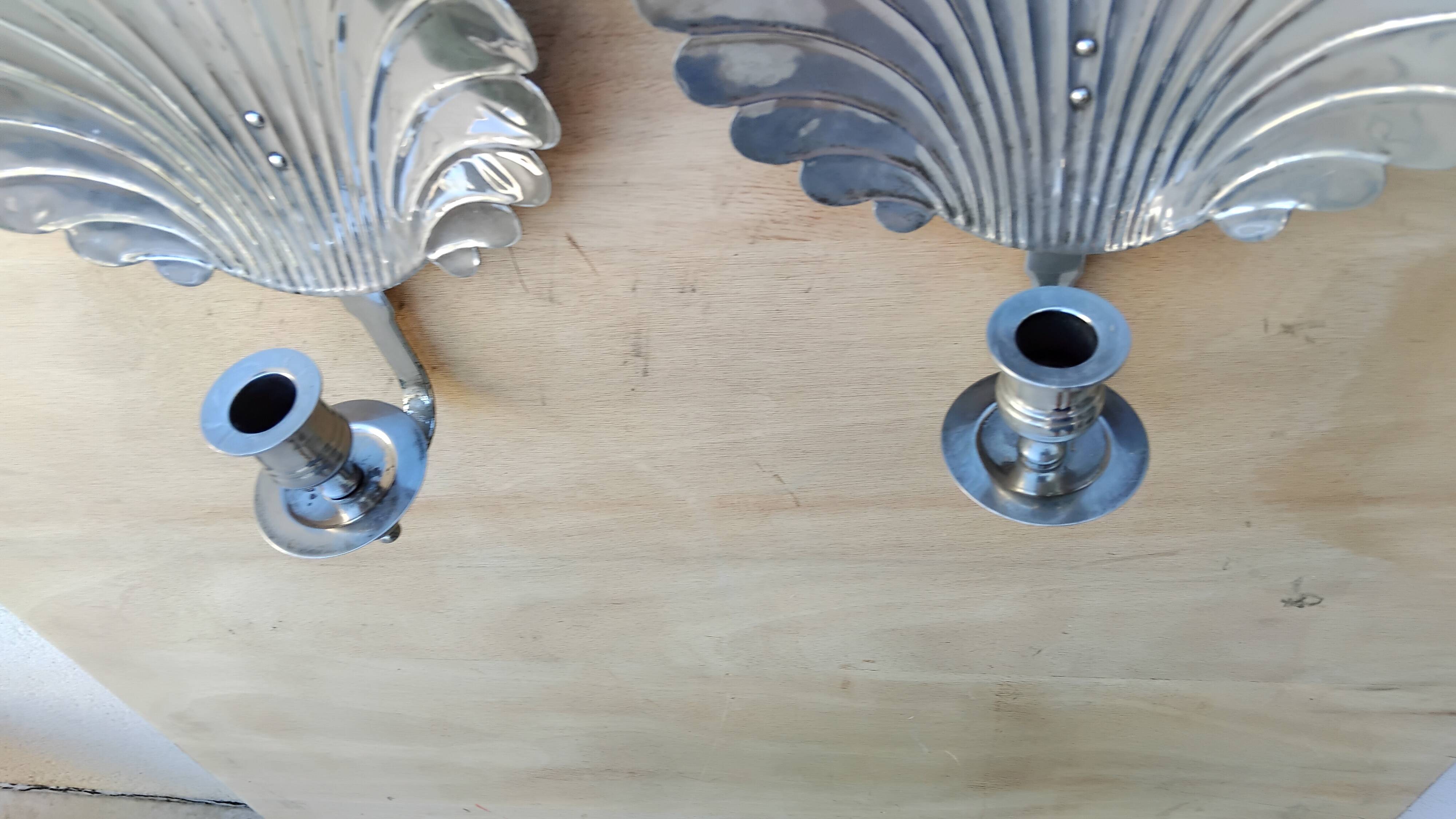 Pair of vintage silver-plated scallop shell wall candle holders