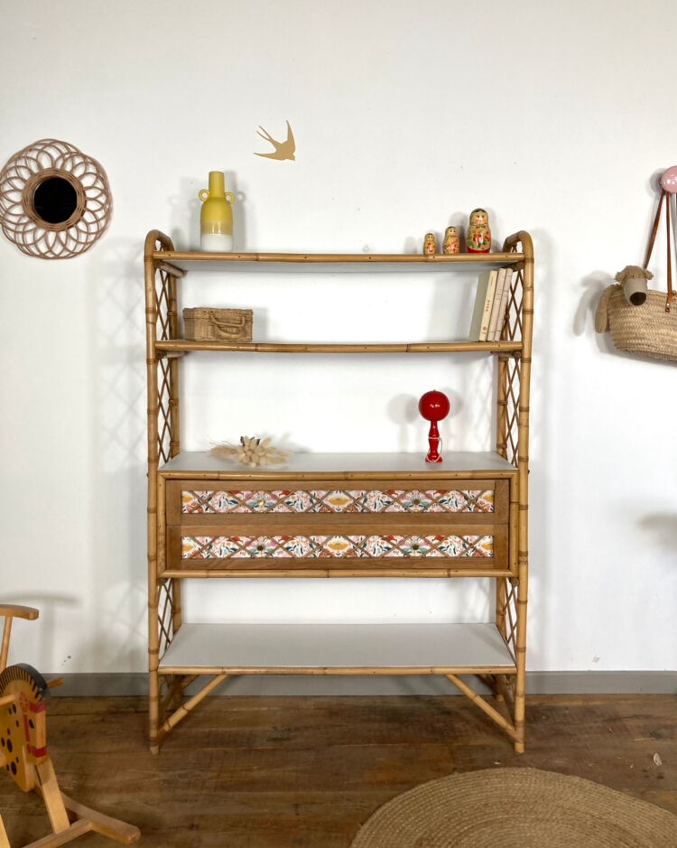 Vintage rattan bookcase shelf