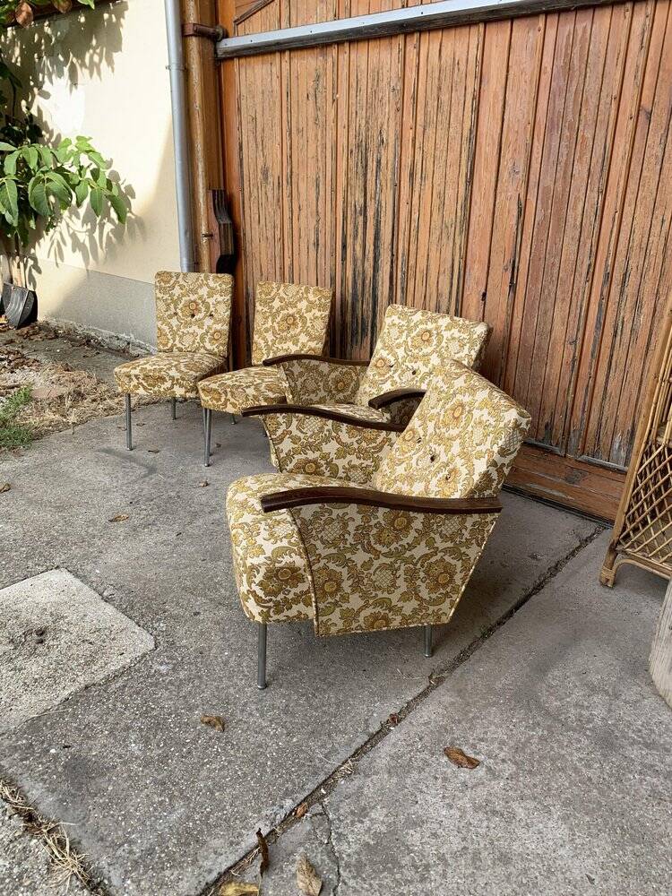 Set of 4 Bauhaus brown club armchairs in chrome steel and wood, 1940s.