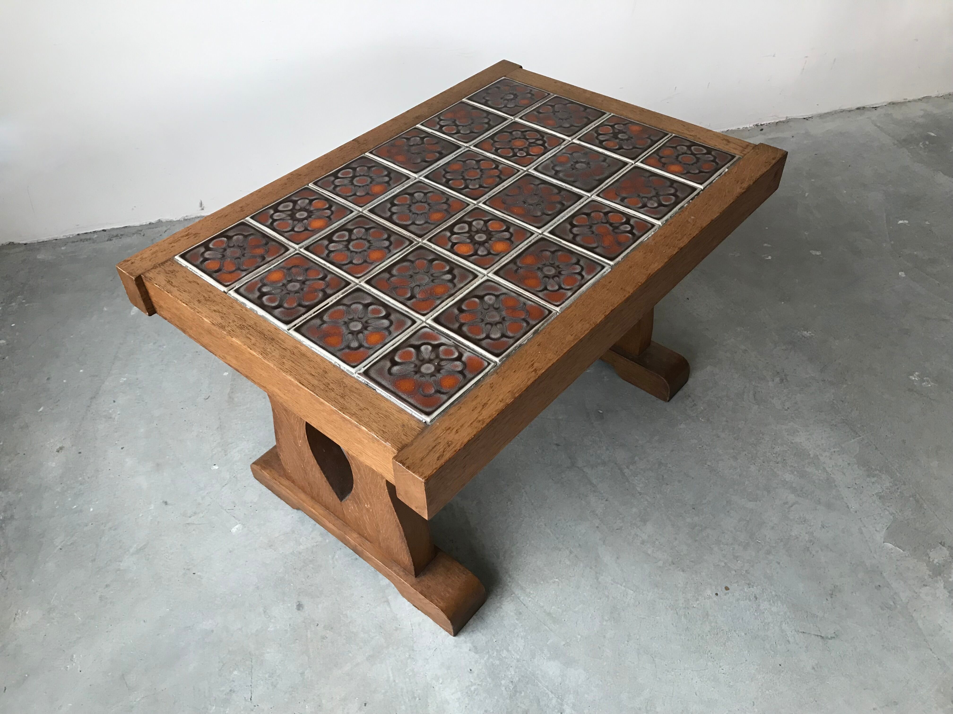 Ceramic and oak coffee table, Guillerme and Chambron, circa 1950