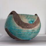 Ceramic pot raku gray and turquoise