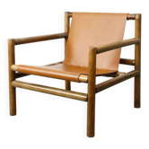 Fauteuil scandinave Mid-Century en bois et similicuir marron, années 60
