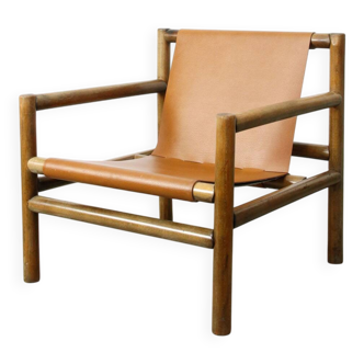 Fauteuil scandinave Mid-Century en bois et similicuir marron, années 60