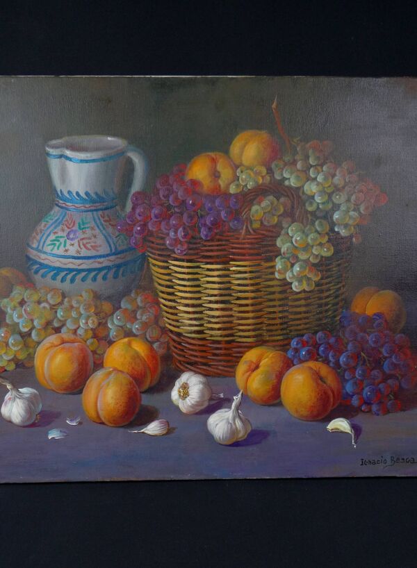 'Cestas de Frutas' (Panier de fruit) Huile sur toile signée Ignacio Besga