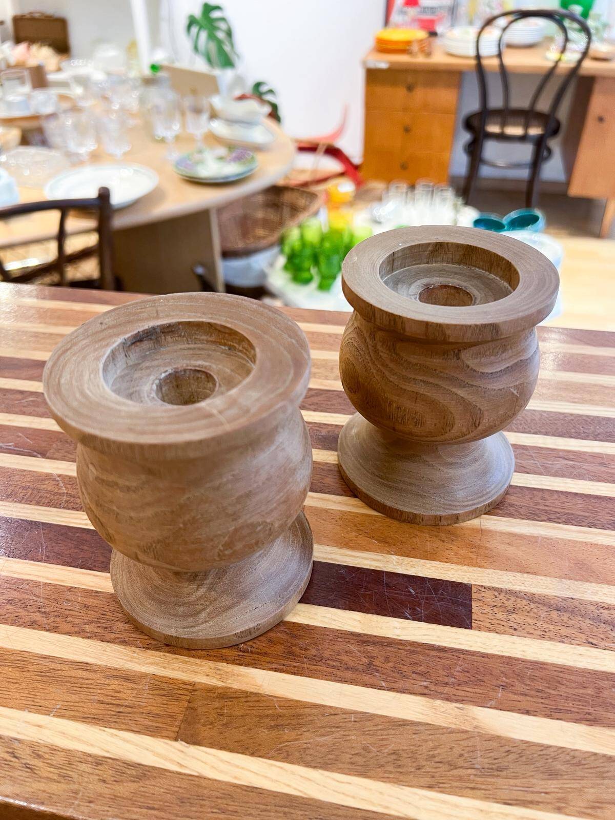 2 turned solid wood candle holders