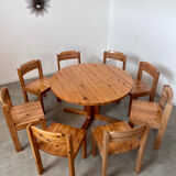 Table set and 8 chairs in solid Scandinavian pine ASKO vintage 80s