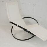 Chaise longue à bascule de Roger Lecal, modèle Jetstar, acier laqué marron et toile, France, 1975