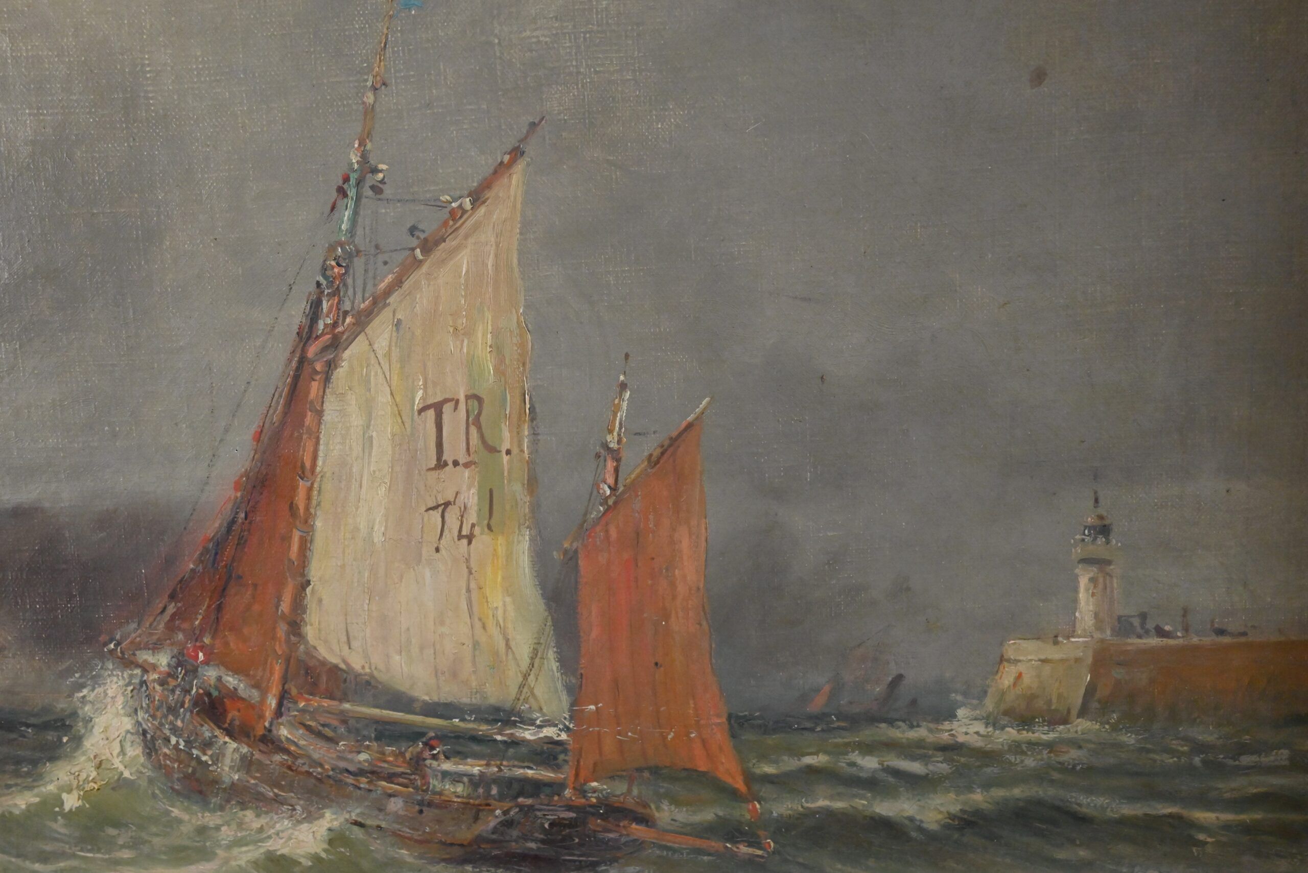Painting "Entry to the Port in Rough Seas", oil on canvas, signed C. Demont – early 20th century