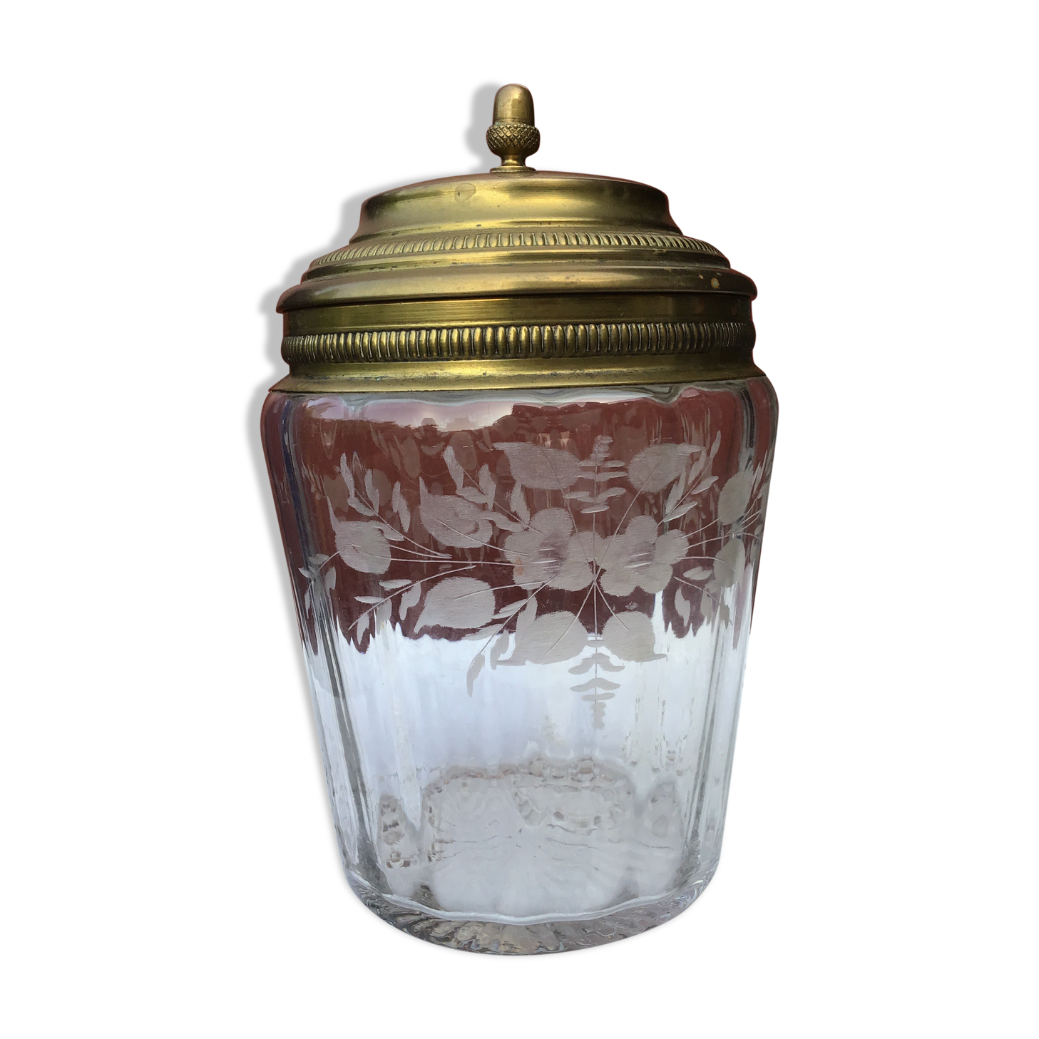 Glass cookie jar engraved metal frame brass