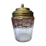 Glass cookie jar engraved metal frame brass