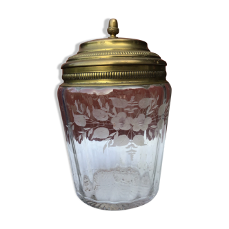 Glass cookie jar engraved metal frame brass
