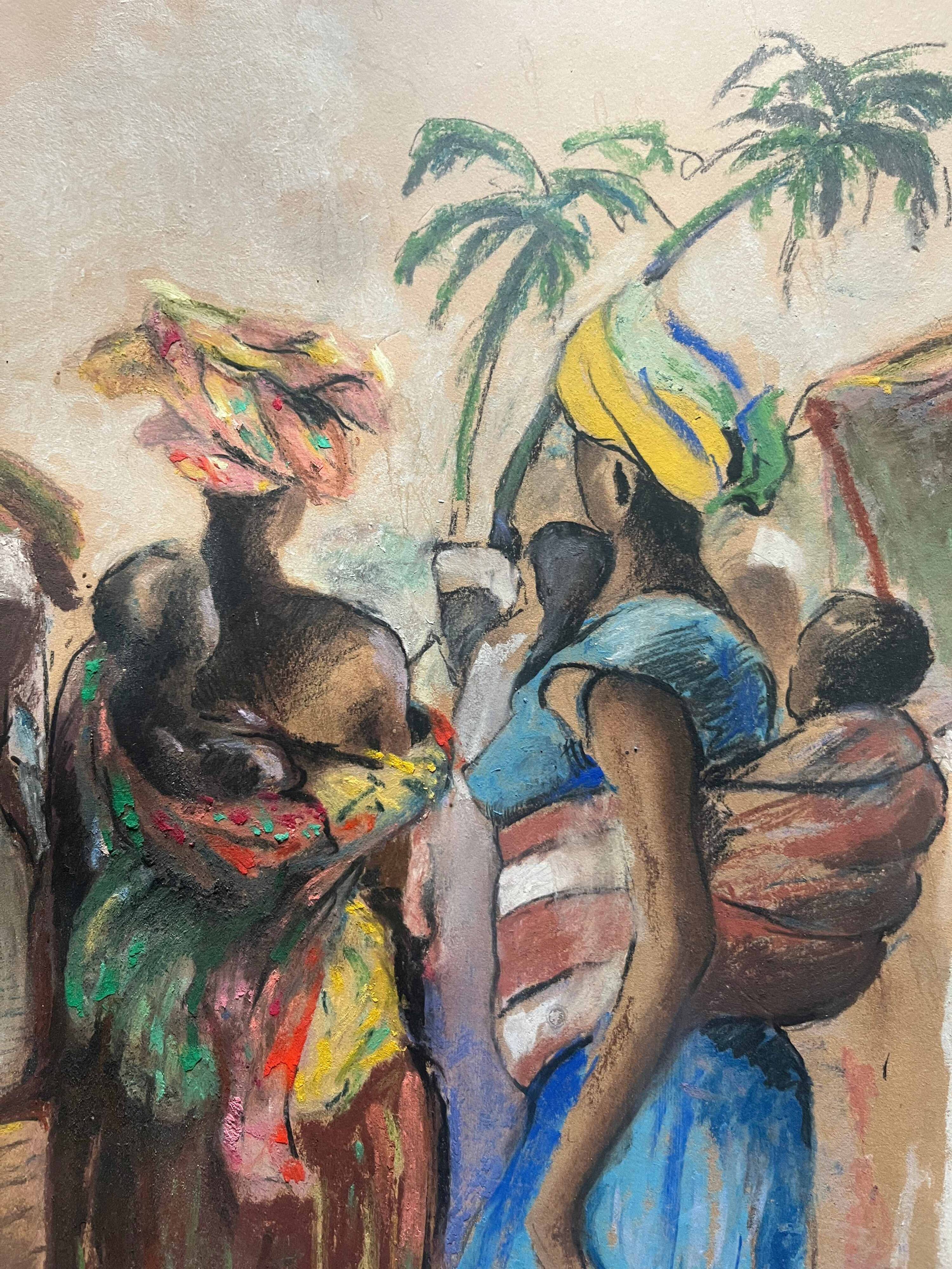 Orientalist Africanist painting "Market scene" Pastel mid 20th century