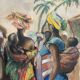 Orientalist Africanist painting "Market scene" Pastel mid 20th century