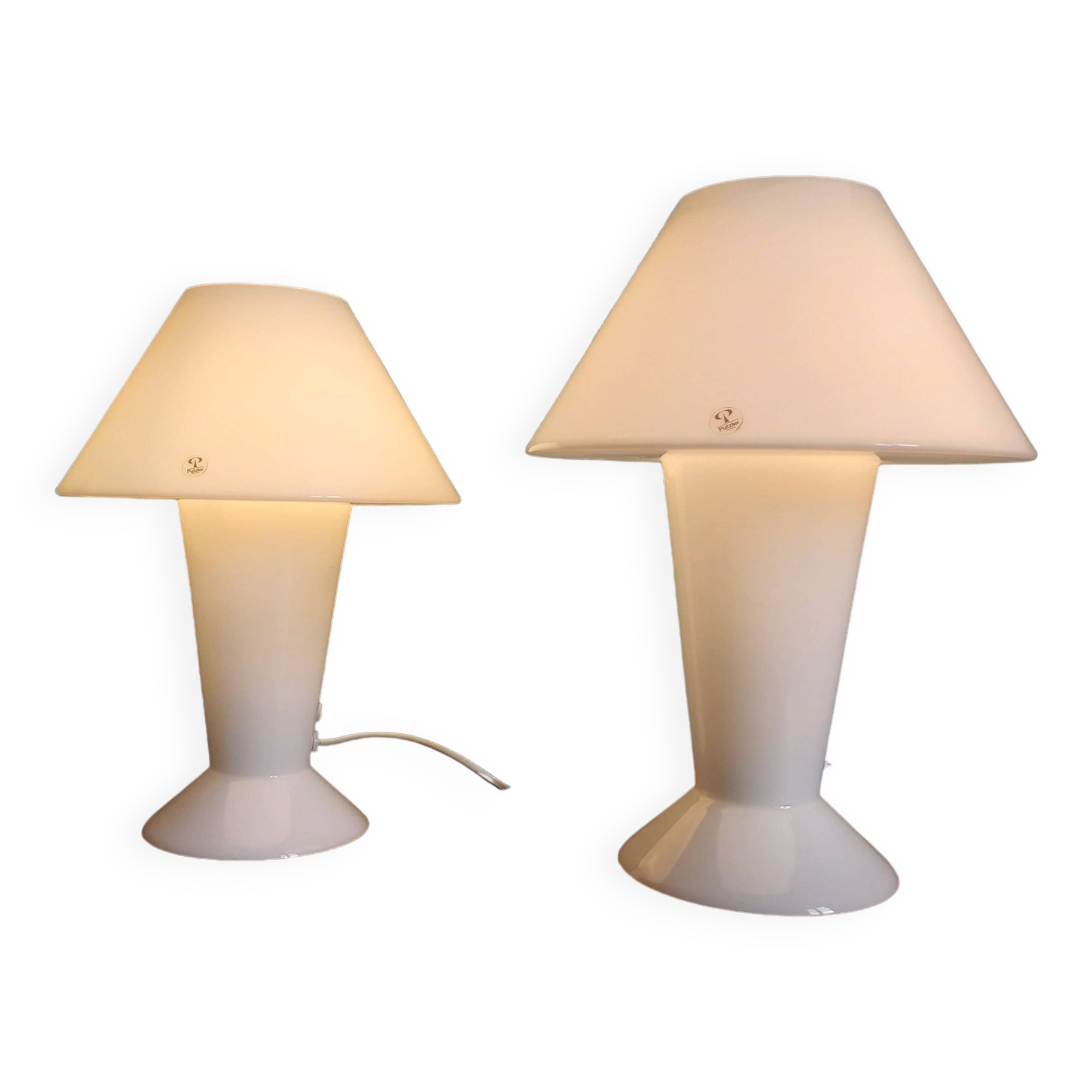 Pair of Peill & Putzler mushroom lamps in white opaline
