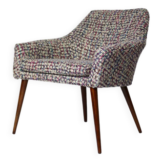 Retro coctail armchair renovated boucle nuage fabric wooden chair, 1975